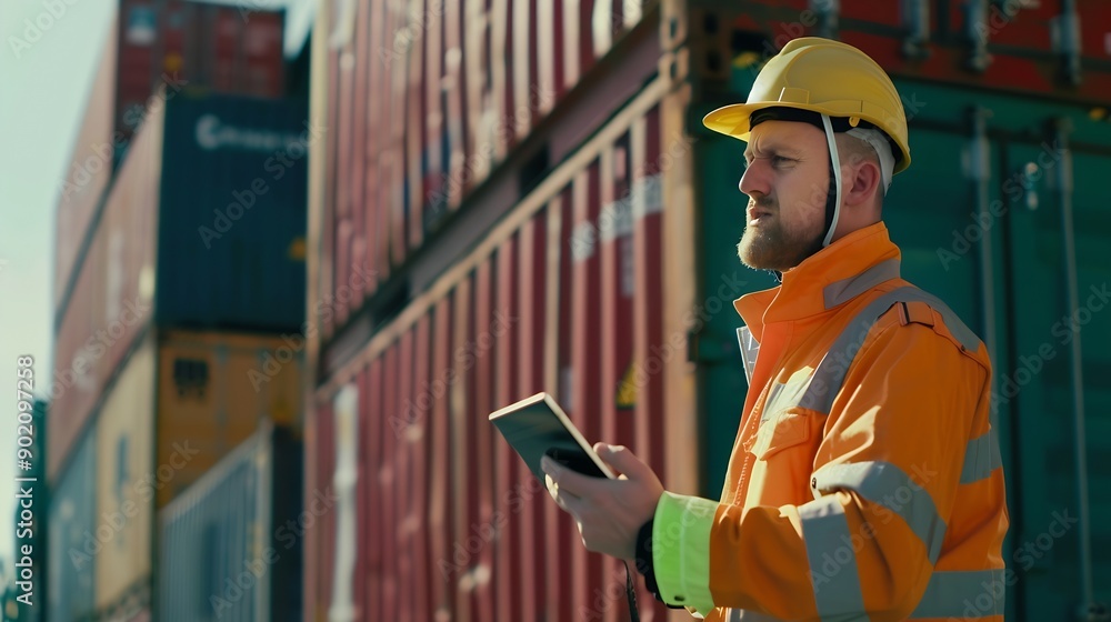Handsome businessman wearing safety helmet using walkie talkie and holding digital tablet during inspection at logistic shipping cargo containers yard Foreman inspecting cargo work sit : Generative AI Handsome businessman wearing safety helmet using walkie talkie and holding digital tablet during inspection at logistic shipping cargo containers yard Foreman inspecting cargo work sit : Generative AI