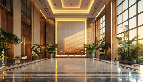 Sleek luxury hotel lobby with warm lighting