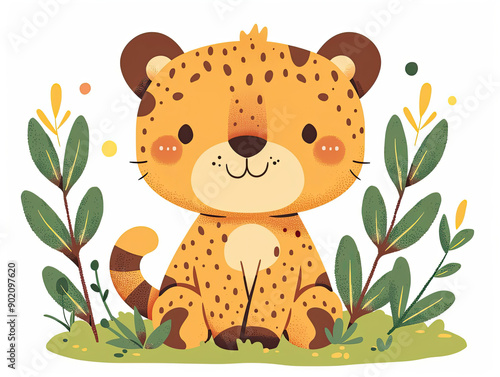 A cartoon tiger is sitting in a grassy area with leaves and flowers