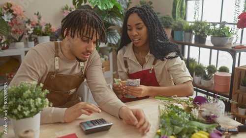A man and woman count canadian dollars together in an indoor flower shop setting.