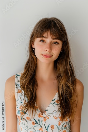 Wallpaper Mural Young Woman in Floral Dress Smiling. Generative AI. Torontodigital.ca