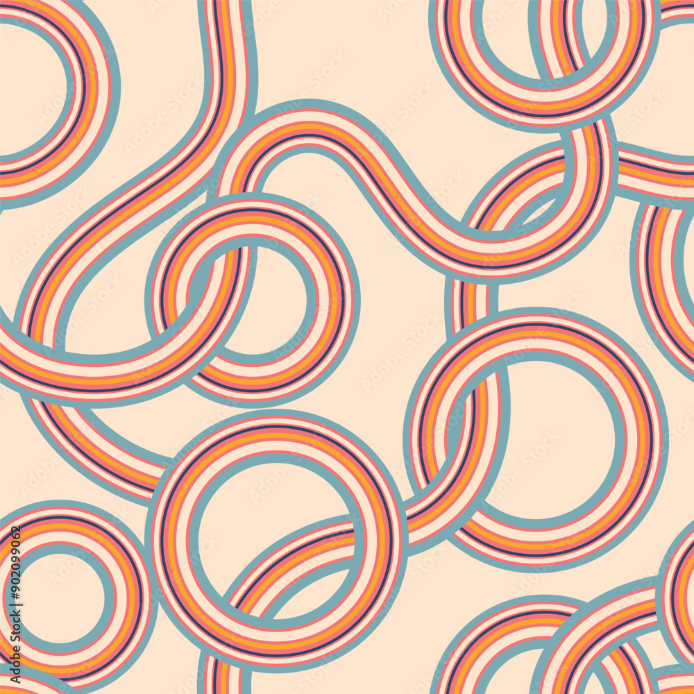 Fototapeta premium Linear traced seamless pattern. Striped circles and waves vector background. Retro groovy colorful fashion print.