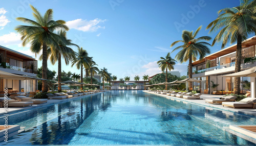 Sleek luxury hotel pool with modern loungers 