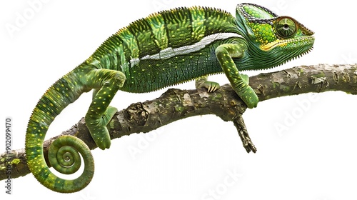 Isolated on white background Bright green Parsons chameleon Calumma parsonii huge colourful chameleon climbing up tree branch curled tail Wild animal Madagascar : Generative AI photo