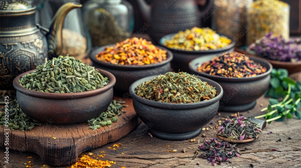 A variety of spices are displayed in bowls on a wooden table. The spices include cumin, coriander, and turmeric A variety of spices are displayed in bowls on a wooden table. The spices include cumin, coriander, and turmeric