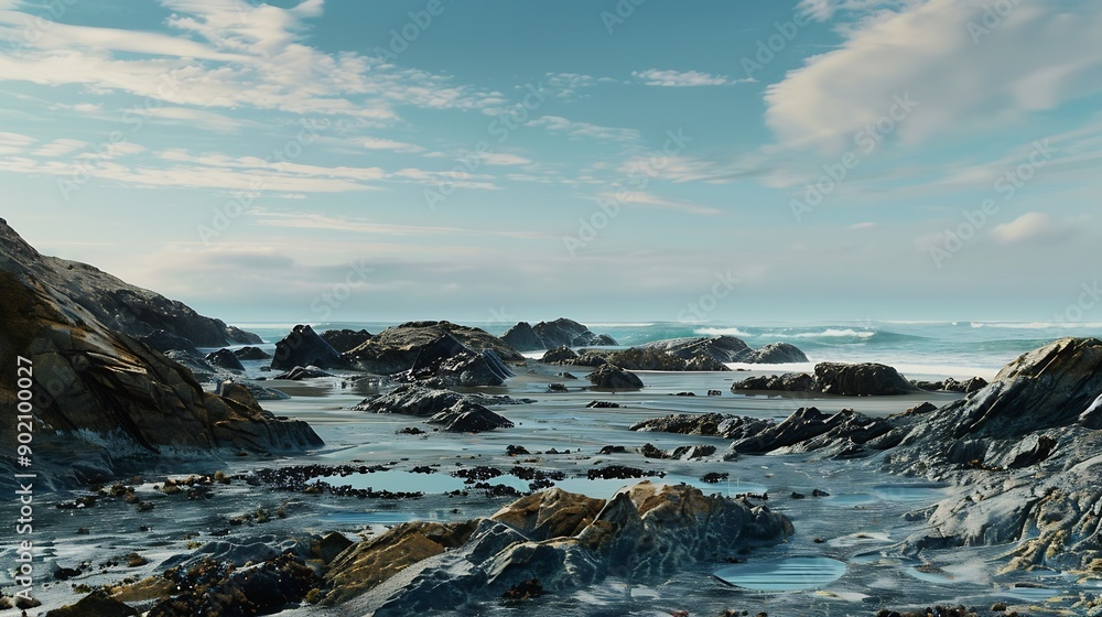 Unique botanical beach with a large rugged rocks leading the eye towards the tidal pools and distant ocean : Generative AI Unique botanical beach with a large rugged rocks leading the eye towards the tidal pools and distant ocean : Generative AI