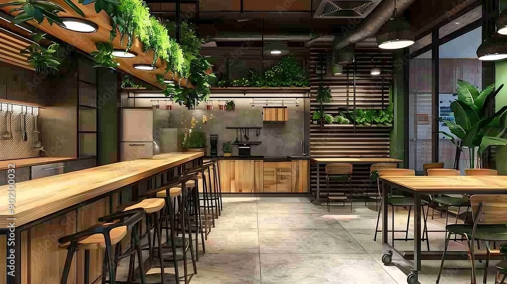 Fototapeta premium Interior design of interior design agency Area of the staff Kitchen plus zone for relax : Generative AI