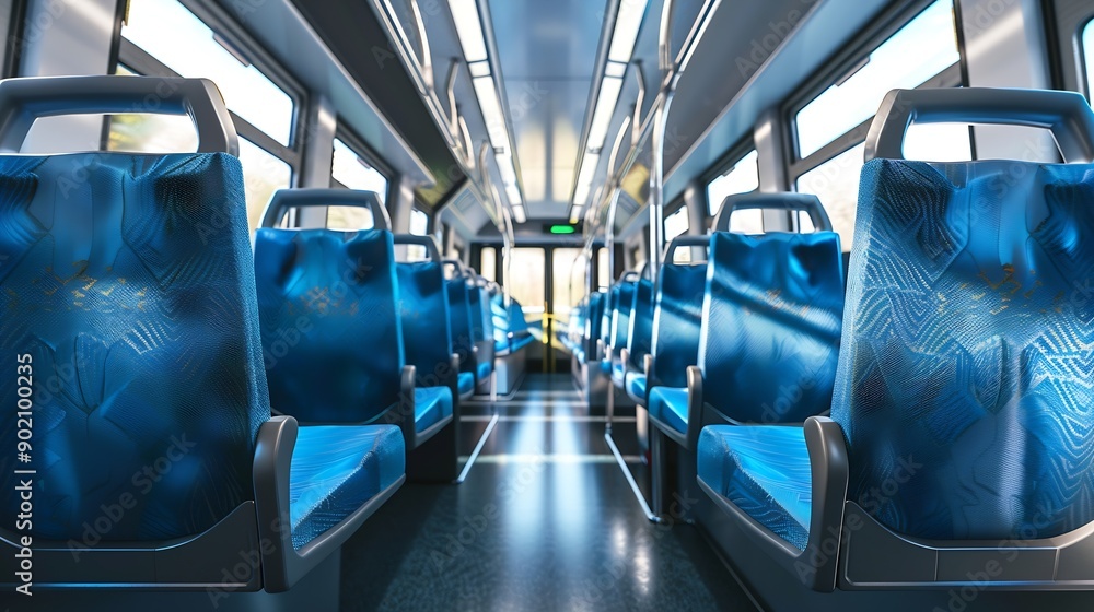 interior of a modern train or bus with rows of blue seats and a central ...
