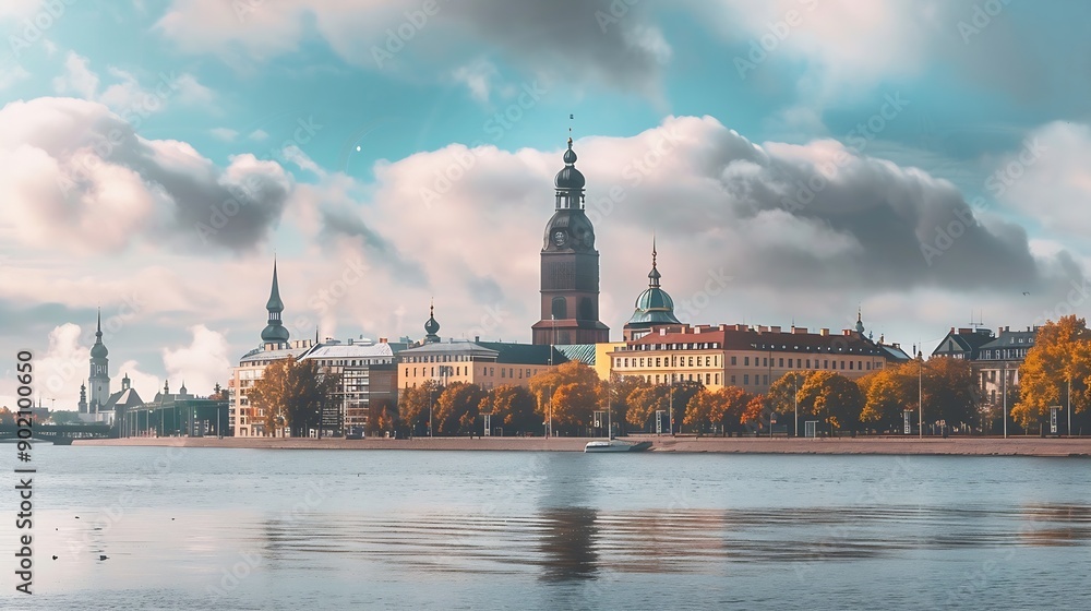 Fototapeta premium Panorama of Riga with a focus on the building of the latvian academy of sciences or latvijas zinatnu akademija Its a vintage skyscraper a landmark of soviet stalinist architecture in R : Generative AI