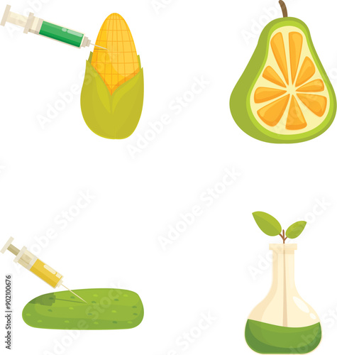 Creative set of four illustrations representing genetically modified food with syringes