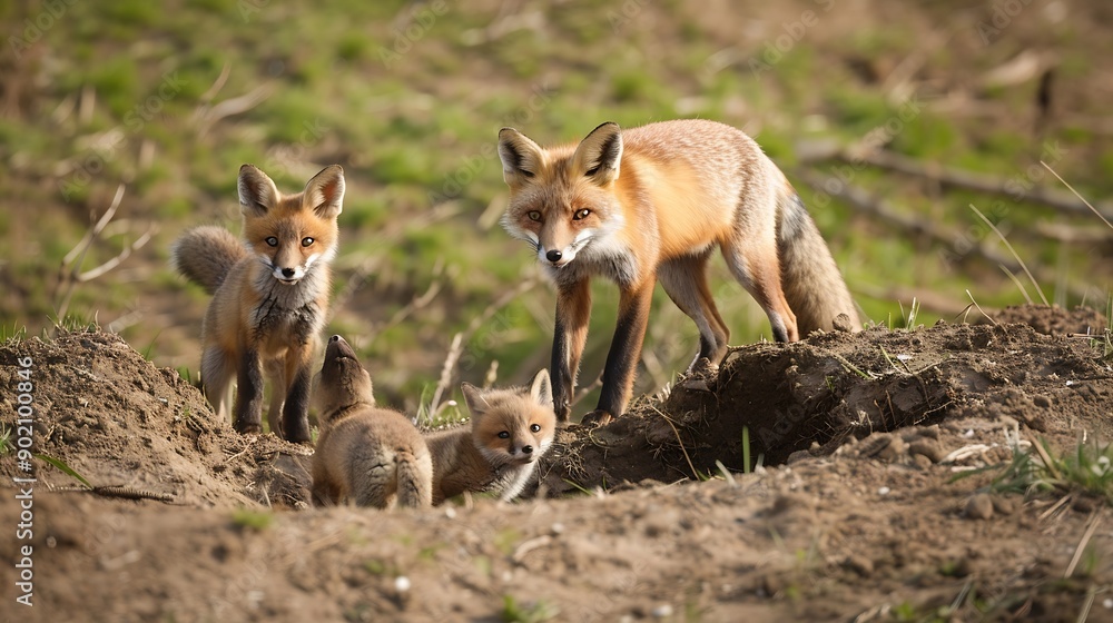Red fox Vulpes vulpes in the wild Fox with cubs Close up Fox feeds puppies The fox next to the hole : Generative AI Red fox Vulpes vulpes in the wild Fox with cubs Close up Fox feeds puppies The fox next to the hole : Generative AI