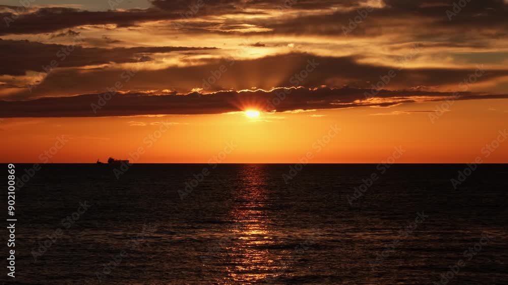 Real time of magical sunset behind an anchored cargo ship with beautiful lens flare. Big hot sun, dreamy clouds and wavy water in the foreground. Last colourful rays of the sun above the Baltic Sea. Real time of magical sunset behind an anchored cargo ship with beautiful lens flare. Big hot sun, dreamy clouds and wavy water in the foreground. Last colourful rays of the sun above the Baltic Sea.