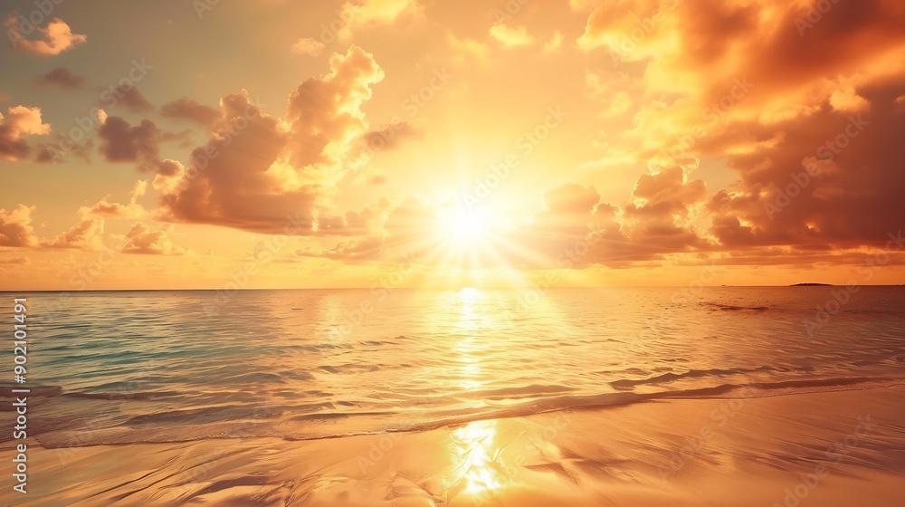 Fototapeta premium Sunset on tropical beach sea ocean with sunrise clouds Banner for travel vacation Scenery sky and reflection rays in water Orange and golden sunset sky calmness tranquil sunlight summe : Generative AI