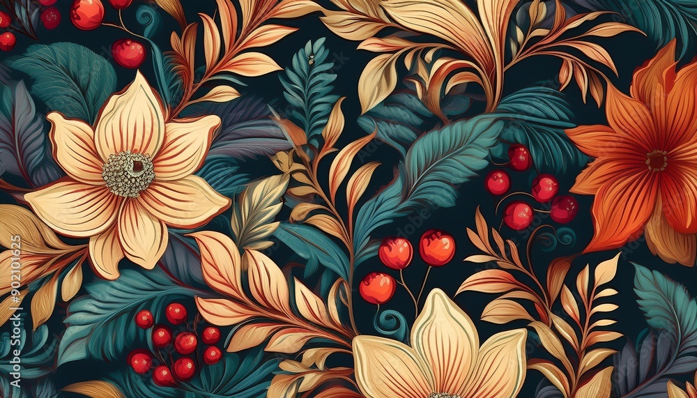 A seamless pattern of highly detailed flowers and berries. Perfect for use as a wallpaper or fabric print. A seamless pattern of highly detailed flowers and berries. Perfect for use as a wallpaper or fabric print.