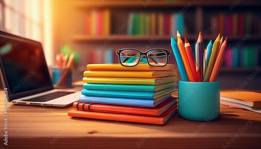 A stack of colorful notebooks and pencils sit on a wooden desk with glasses and a laptop in the background. A stack of colorful notebooks and pencils sit on a wooden desk with glasses and a laptop in the background.