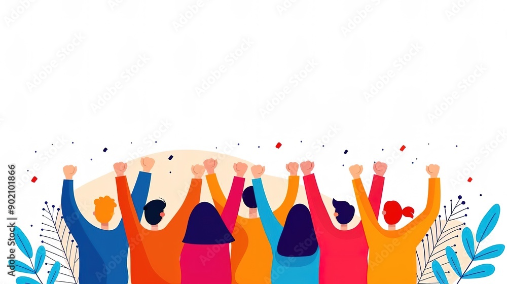 Back view of diverse group of people celebrating with raised hands. Back view of diverse group of people celebrating with raised hands.