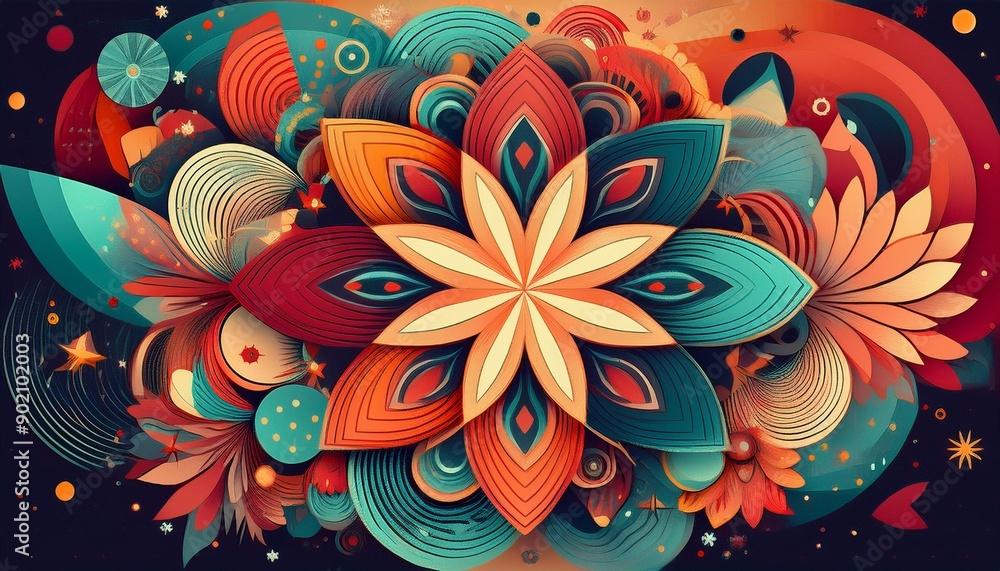 Colorful abstract art with flowers, stars, and geometric shapes in a circular design, perfect for vibrant backgrounds. Colorful abstract art with flowers, stars, and geometric shapes in a circular design, perfect for vibrant backgrounds.