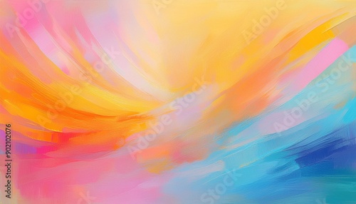 Colorful abstract painting. Shades of yellow, orange, pink and blue. Soft brush strokes. Delicate and elegant. Perfect for a relaxing atmosphere.