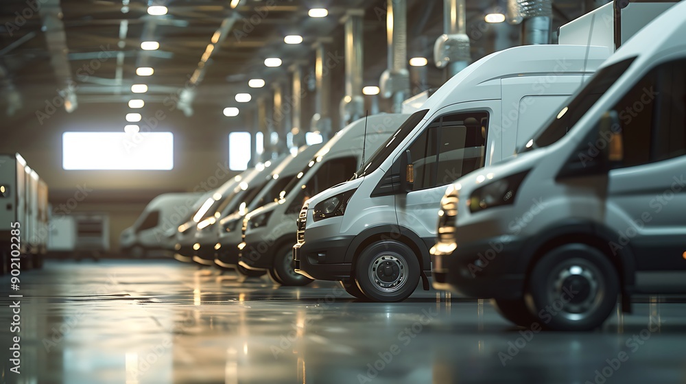 A Fleet of Delivery Vans Ready for Dispatch in a Spacious Logistics Facility A Fleet of Delivery Vans Ready for Dispatch in a Spacious Logistics Facility