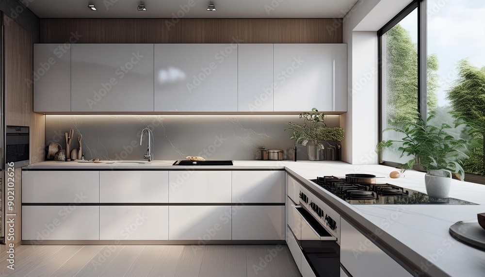 Minimalist kitchen with sleek, white cabinets, a smart oven, and a touchcontrolled induction cooktop, Modern, 3D Rendering Minimalist kitchen with sleek, white cabinets, a smart oven, and a touchcontrolled induction cooktop, Modern, 3D Rendering