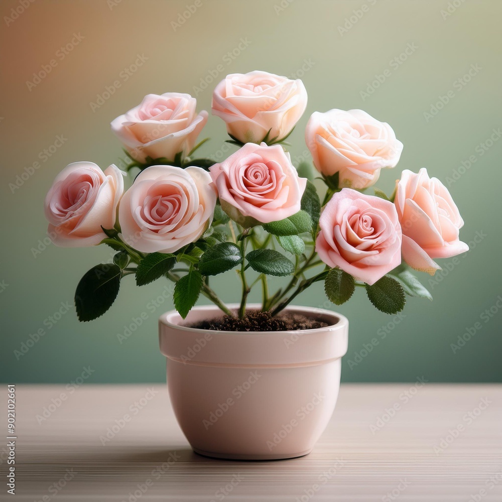Miniature roses in a small pot, compact, perfect for desktop, soft pastel background Miniature roses in a small pot, compact, perfect for desktop, soft pastel background