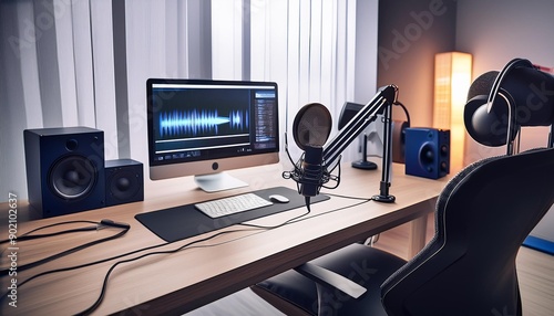 Wallpaper Mural Modern podcast recording setup with computer, microphone, and headphones on a desk in a soundproofed room. Torontodigital.ca