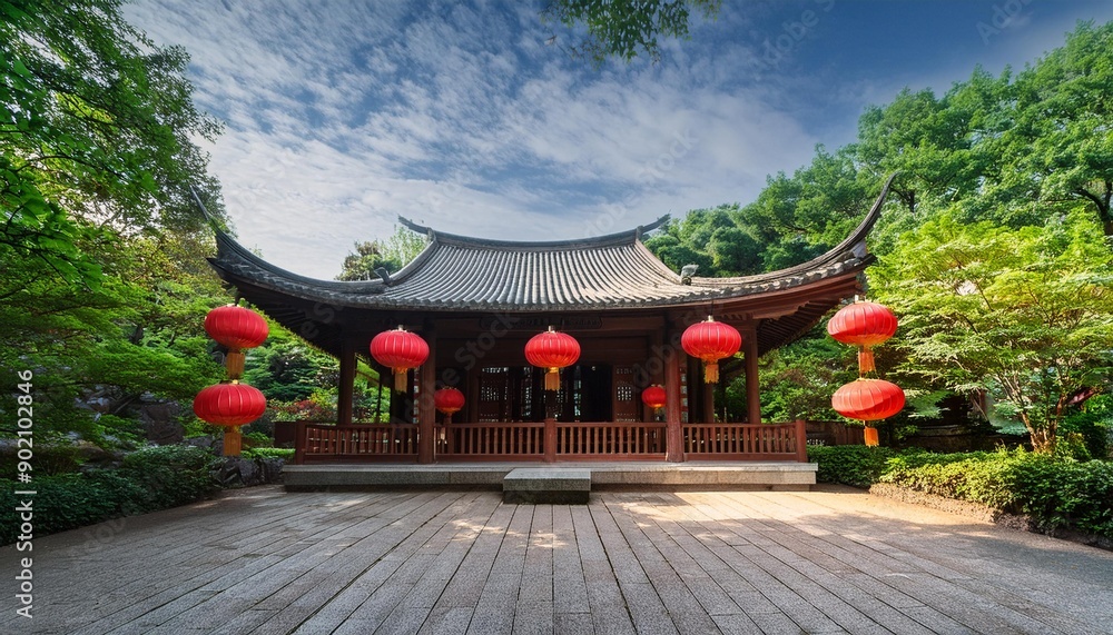 Fototapeta premium Scenic view of a traditional Asian building adorned with red lanterns, surrounded by lush trees and a peaceful atmosphere.