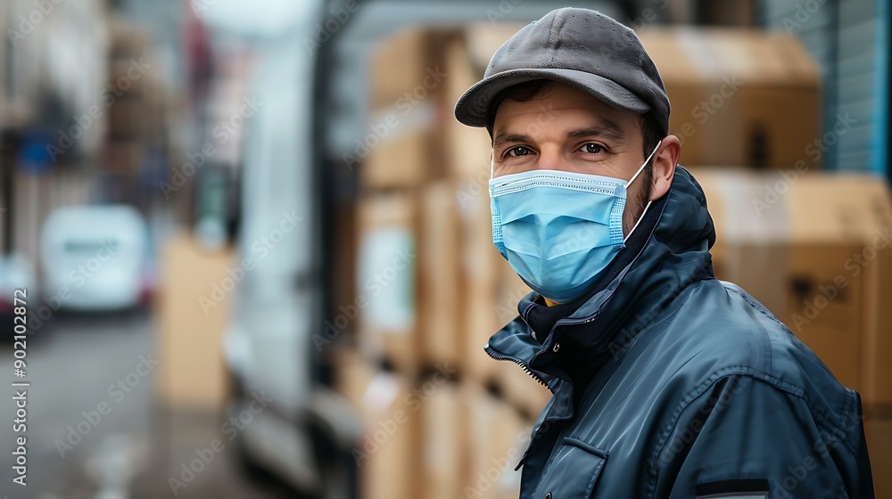 Dedicated Delivery Person Ensures Safety with Mask During Urban Deliveries Dedicated Delivery Person Ensures Safety with Mask During Urban Deliveries