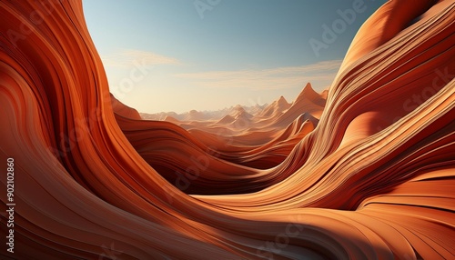 Stunning abstract 3D render of layered canyon landscapes with smooth curves, resembling desert rock formations under clear skies.