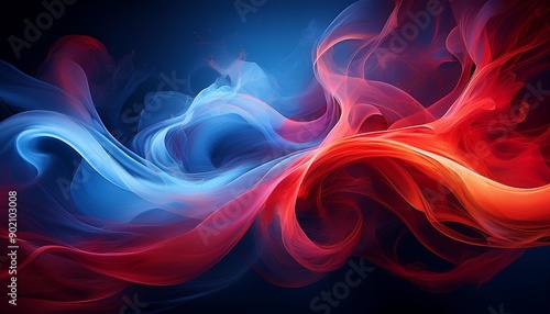 Vibrant abstract background with intertwining red and blue smoke creating a dynamic and colorful visual effect on a dark backdrop.