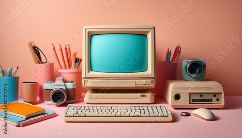 Vintage computer setup with accessories including keyboard, camera, and stationery items, displayed on a pastel background.