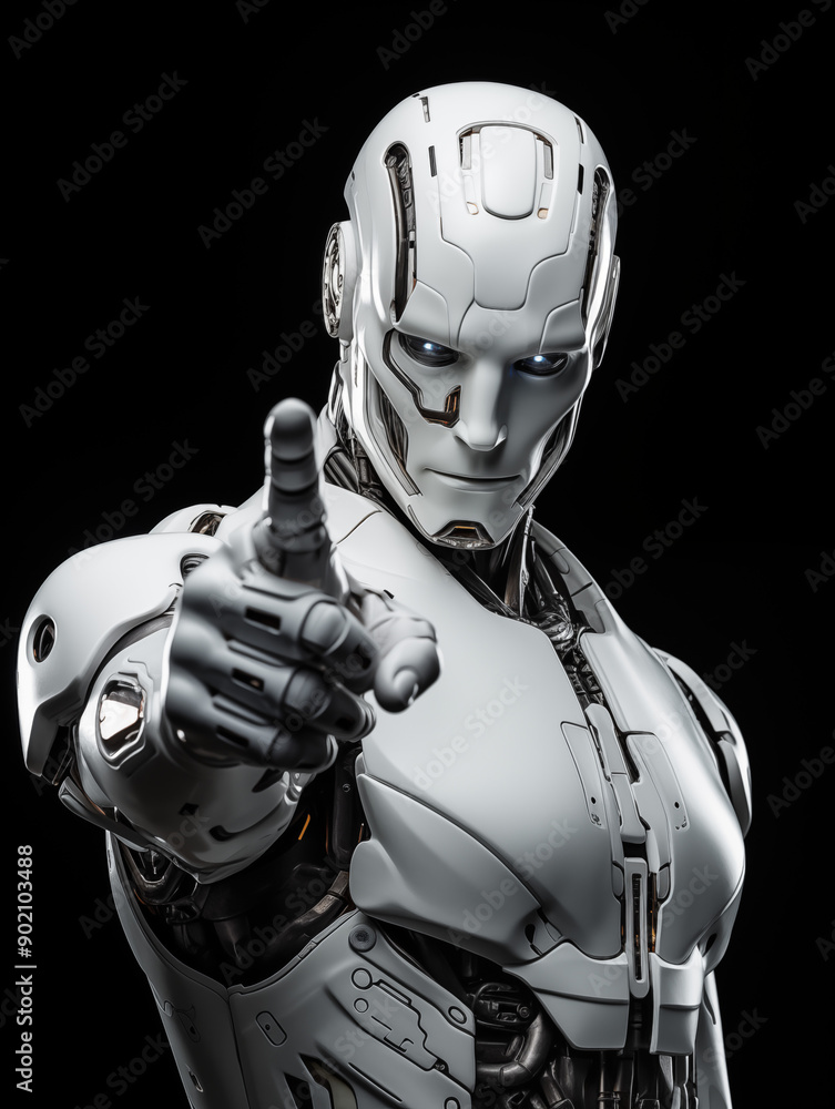 Humanoid Robot Pointing Finger and Thumb Raised, on White Background, Image for Creative Advertisements, Banners, and General Advertising Humanoid Robot Pointing Finger and Thumb Raised, on White Background, Image for Creative Advertisements, Banners, and General Advertising