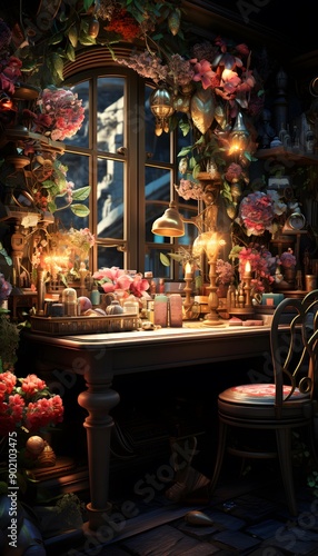 Luxury interior of a house with flowers, candles and a window