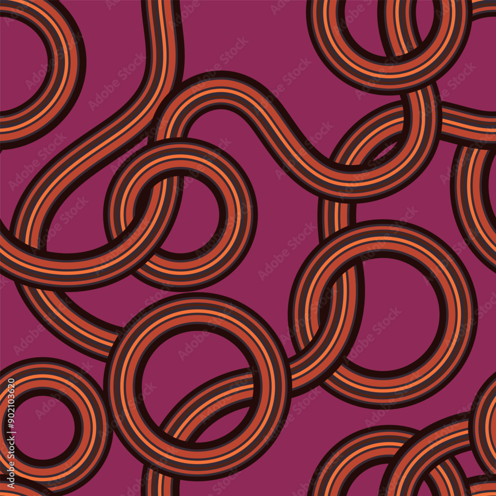Linear traced seamless pattern. Striped circles and waves vector background. Retro groovy colorful fashion print. Linear traced seamless pattern. Striped circles and waves vector background. Retro groovy colorful fashion print.