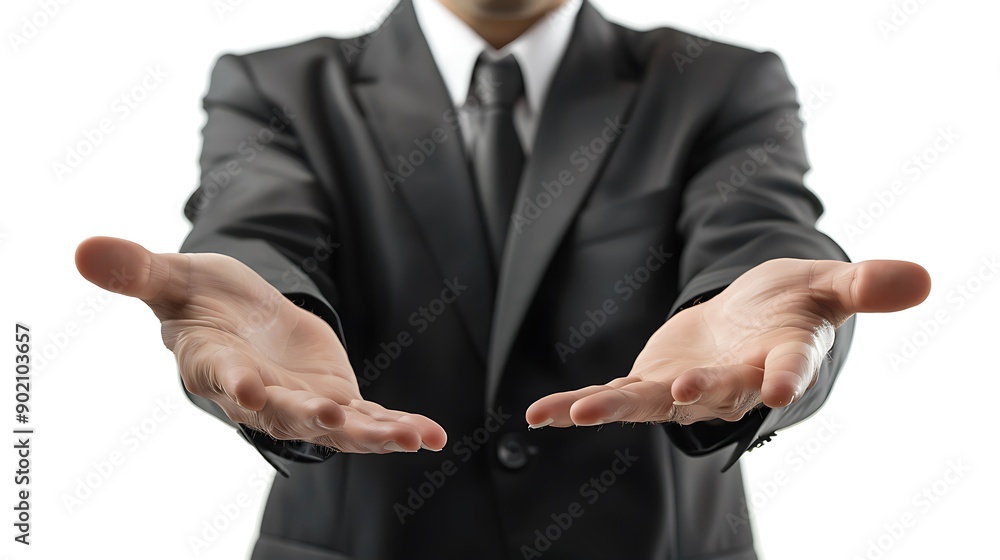Invitation to Collaboration: A Businessman Gesturing Open Hands in a Suit Invitation to Collaboration: A Businessman Gesturing Open Hands in a Suit