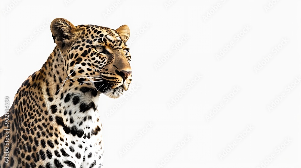 Obraz premium Portrait of leopard standing a looking away proudly Panthera pardus against white background : Generative AI