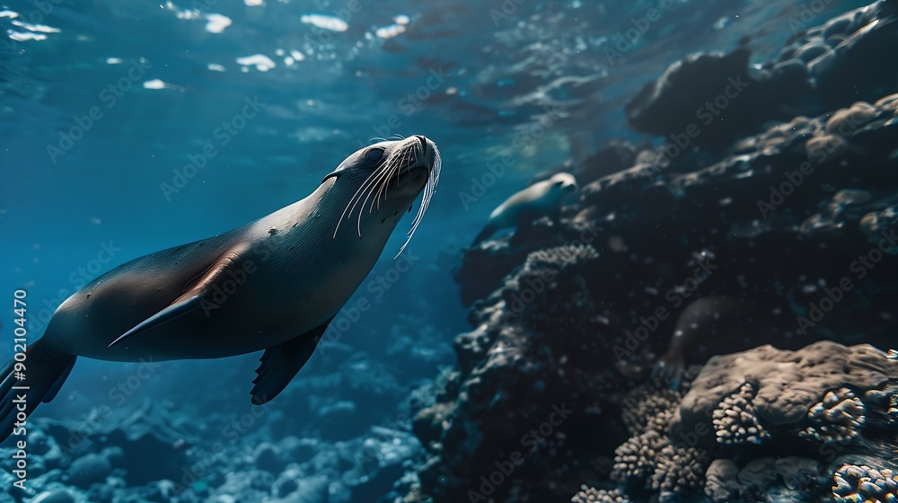Obraz premium Galapagos fur seal Arctocephalus galapagoensis swimming at camera in tropical underwaters Lion seal in under water world Observation of wildlife ocean Scuba diving adventure in Ecuador : Generative AI