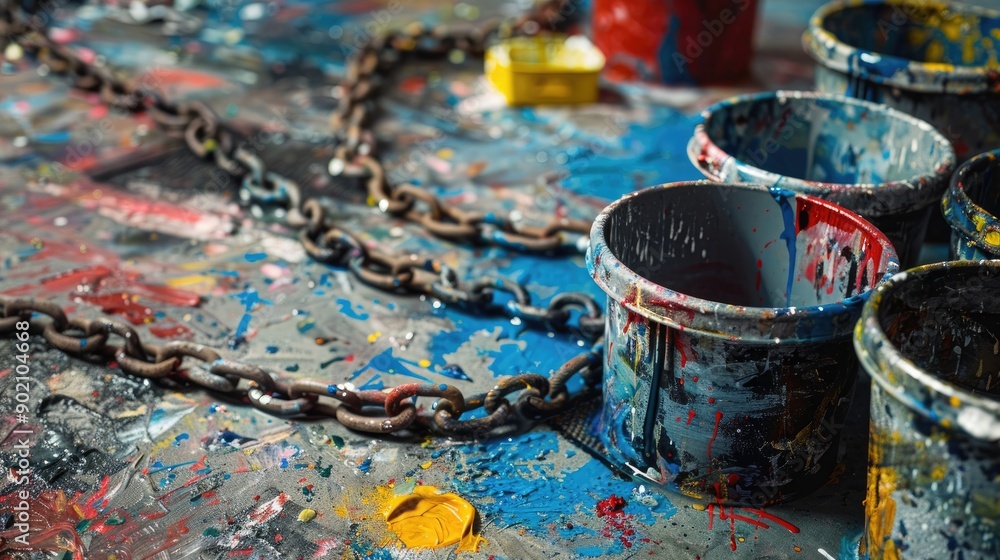 Tubs lying underneath paint with gouache and metal chain on background Tubs lying underneath paint with gouache and metal chain on background