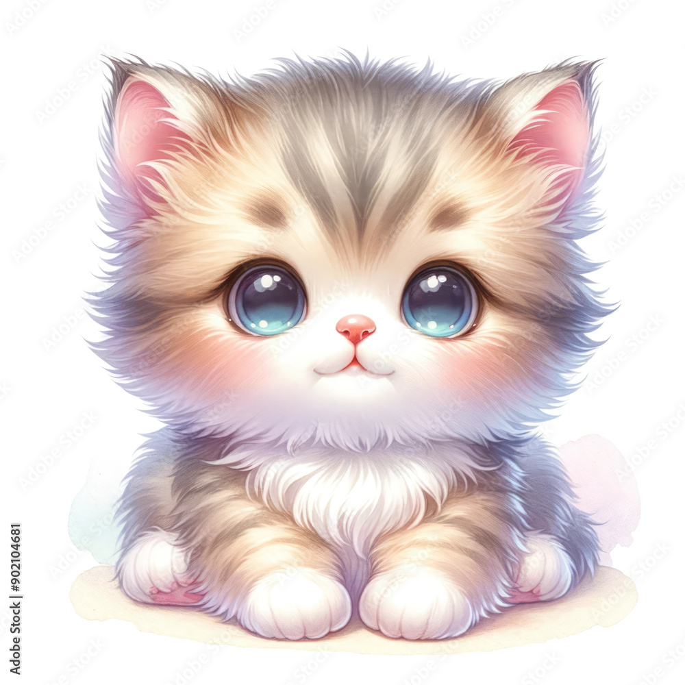 Fototapeta premium A cute kitten with blue eyes is sitting on a white background