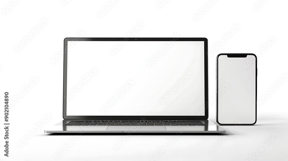 Minimalist Elegance: A Sleek Laptop and Smartphone Displayed on a Pristine Background Minimalist Elegance: A Sleek Laptop and Smartphone Displayed on a Pristine Background