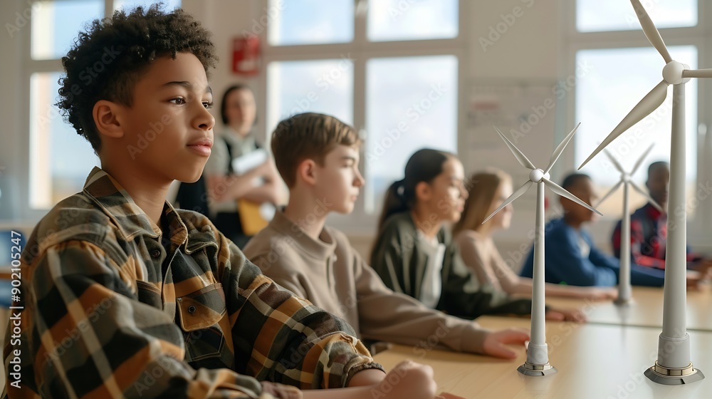 Fototapeta premium Secondary Or High School Students Studying Wind Turbines In Science Class With Teacher In Background : Generative AI
