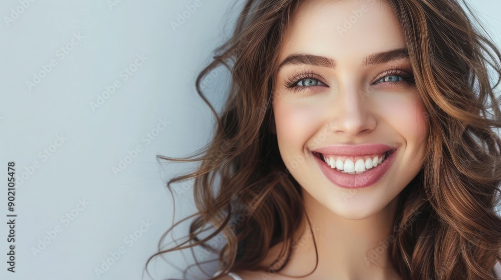 Beautiful woman with a radiant smile, looking at the camera. Copy space on the right for text or logo. Beautiful woman with a radiant smile, looking at the camera. Copy space on the right for text or logo.