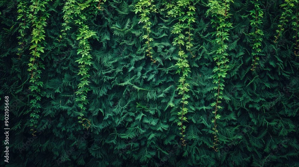 Obraz premium A lush green vine wall with green leaves. The vines are growing up the wall and are very thick