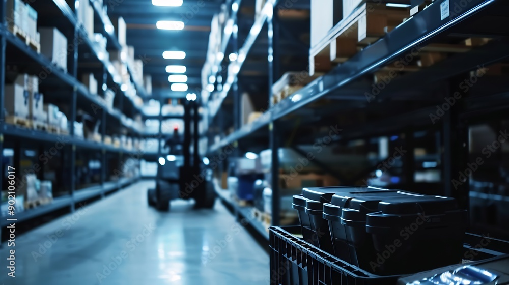 Fototapeta premium Blur background of smart robotic machine inspecting product in storage Warehouse interior with shelves bins and a forklift Industrial storage and logistics facility Design for poster S : Generative AI