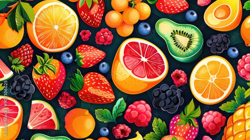 Bright and cheerful seamless pattern of assorted fruits and berries. Bright and cheerful seamless pattern of assorted fruits and berries.