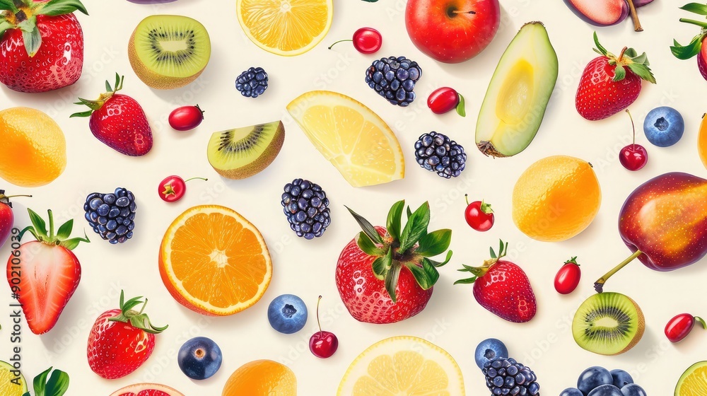 Bright and cheerful seamless pattern of assorted fruits and berries. Bright and cheerful seamless pattern of assorted fruits and berries.