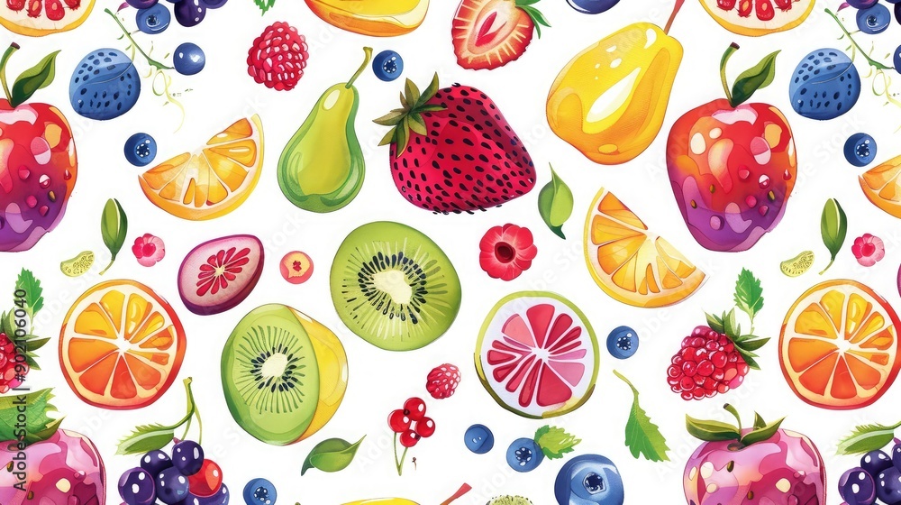 Bright and cheerful seamless pattern of assorted fruits and berries. Bright and cheerful seamless pattern of assorted fruits and berries.