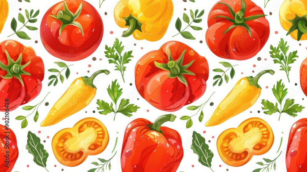 Bright and cheerful seamless pattern of tomatoes, bell peppers, and herbs. Bright and cheerful seamless pattern of tomatoes, bell peppers, and herbs.