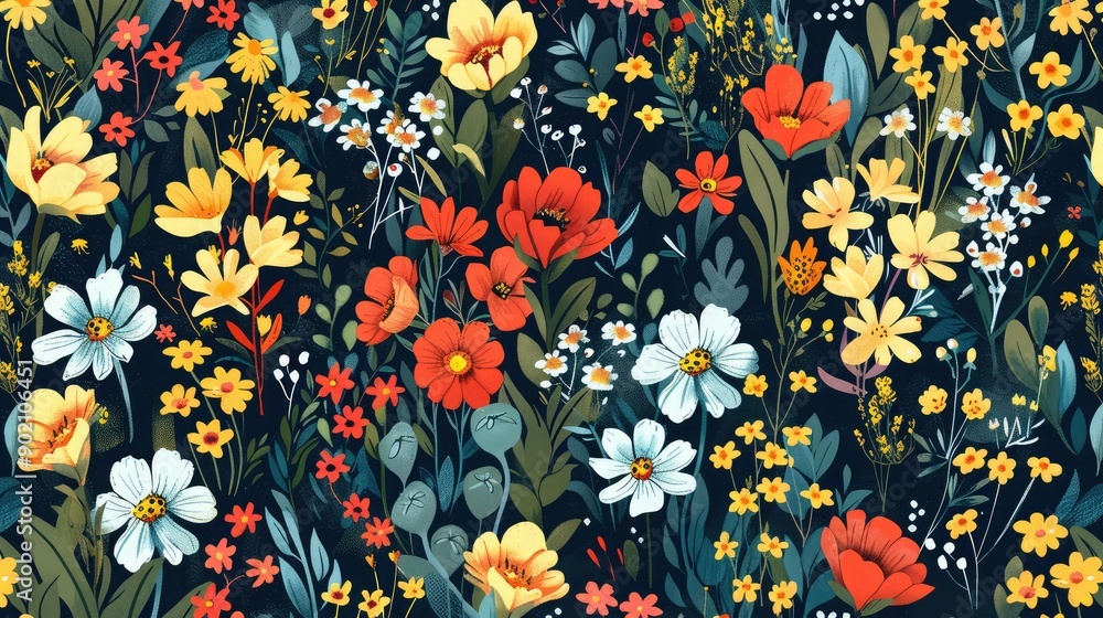 Bright and cheerful seamless pattern of wildflowers. Bright and cheerful seamless pattern of wildflowers.