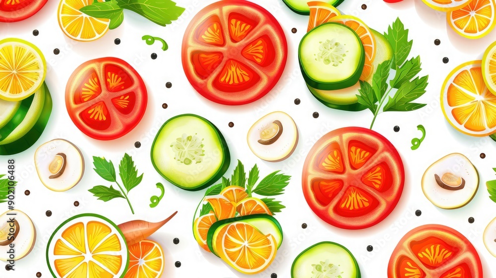 Bright and colorful seamless pattern featuring different vegetable slices. Bright and colorful seamless pattern featuring different vegetable slices.